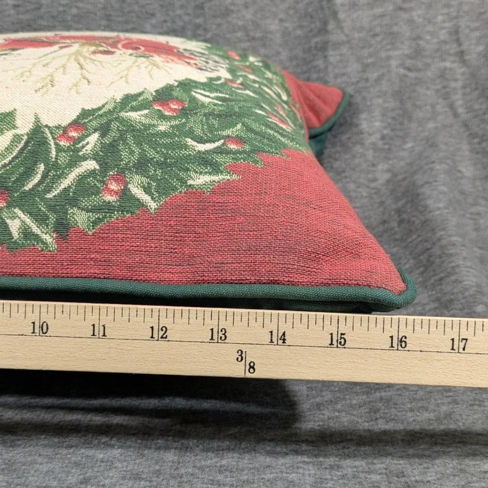 Vintage Christmas Woven Tapestry Pillow Horse Sleigh Wreath Red Green 16x16